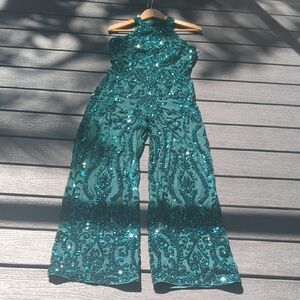 Lulu's Sparkling Teal Halter Jumpsuit